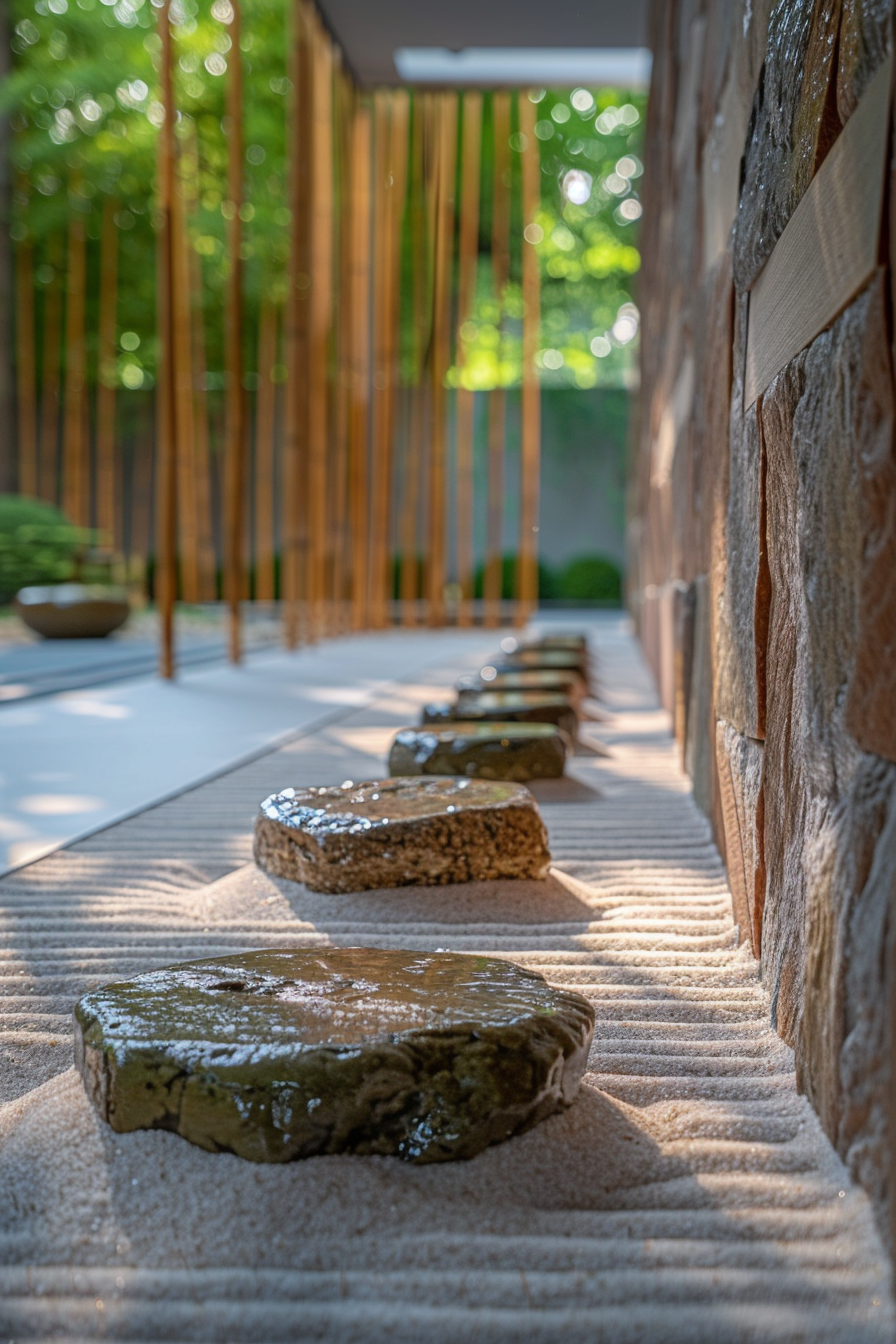 A minimalist Zen garden with raked sand and large stones