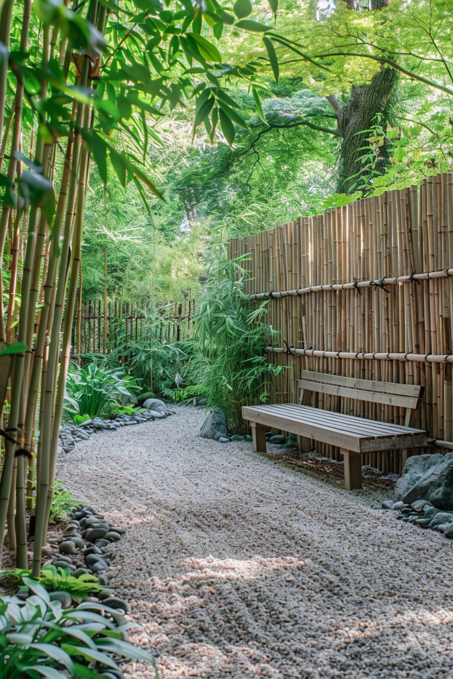 A Zen garden with a tall bamboo fence
