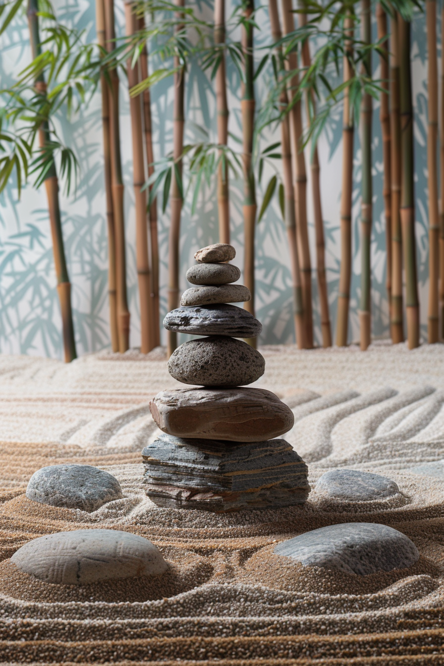 Symbolic rocks arranged in groups in a Zen garden