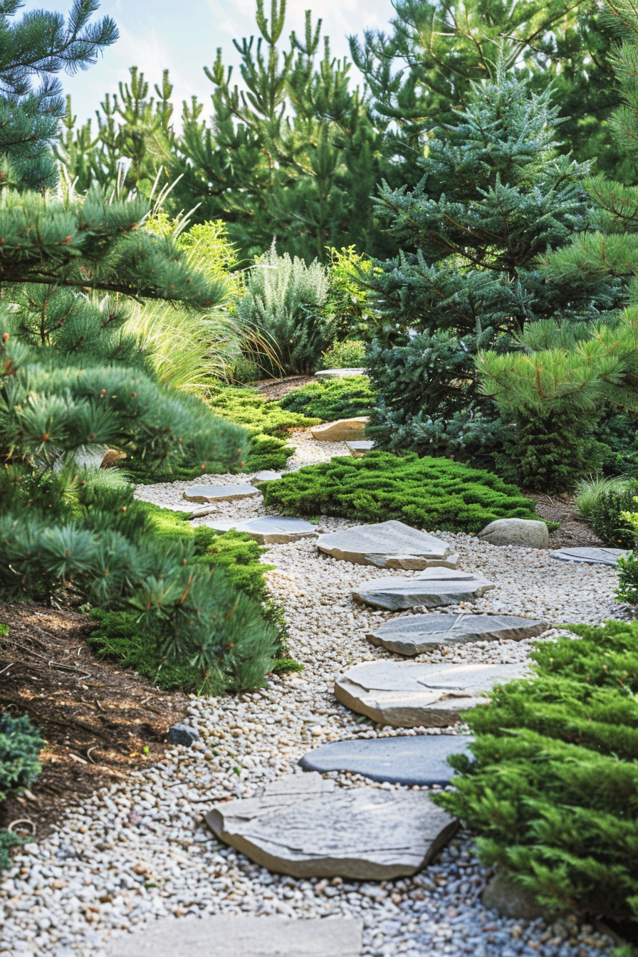 Evergreen shrubs and trees in a Zen garden