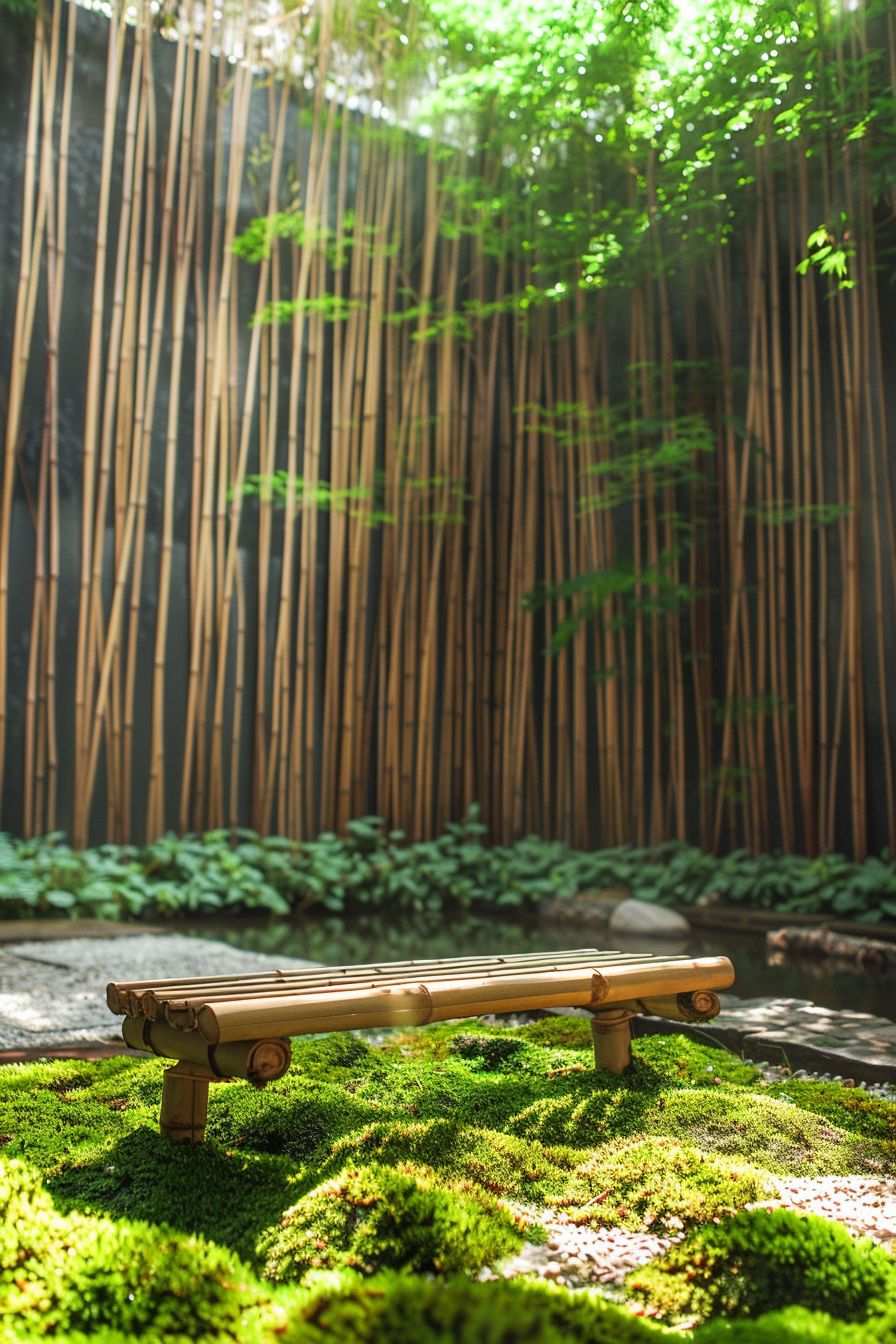 A meditation space in a Zen garden with a wooden bench