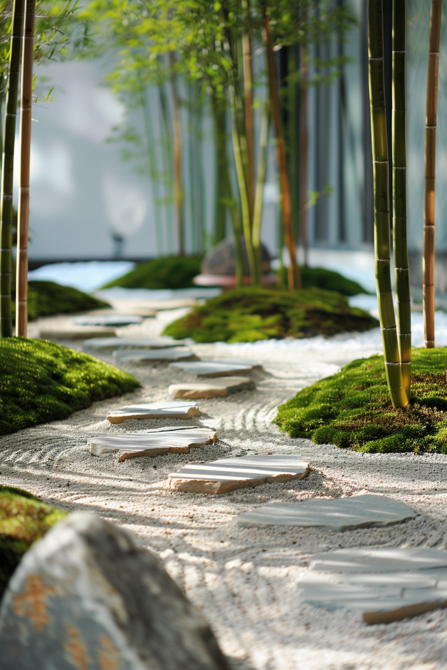 An asymmetrical arrangement of elements in a Zen garden