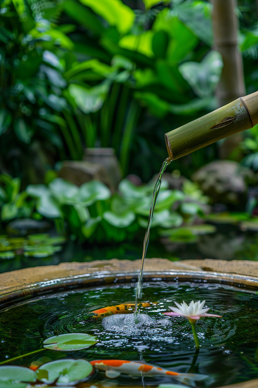 A Zen garden with a small pond and waterfall