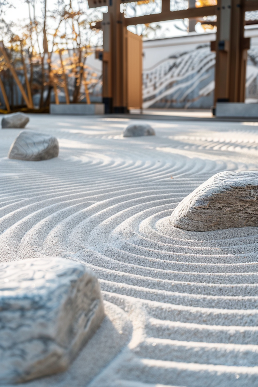 Intricate raked sand patterns in a Zen garden