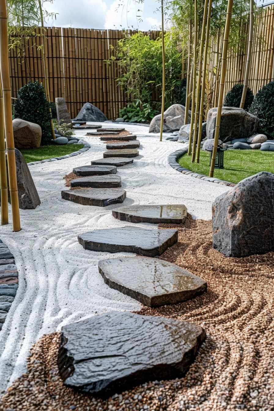 A winding stone pathway in a Zen garden