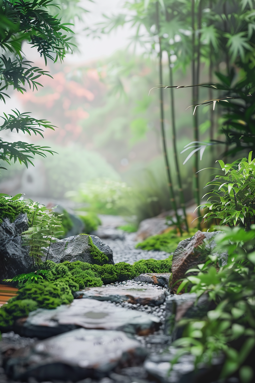 A Zen garden with subtle green, gray, and brown hues