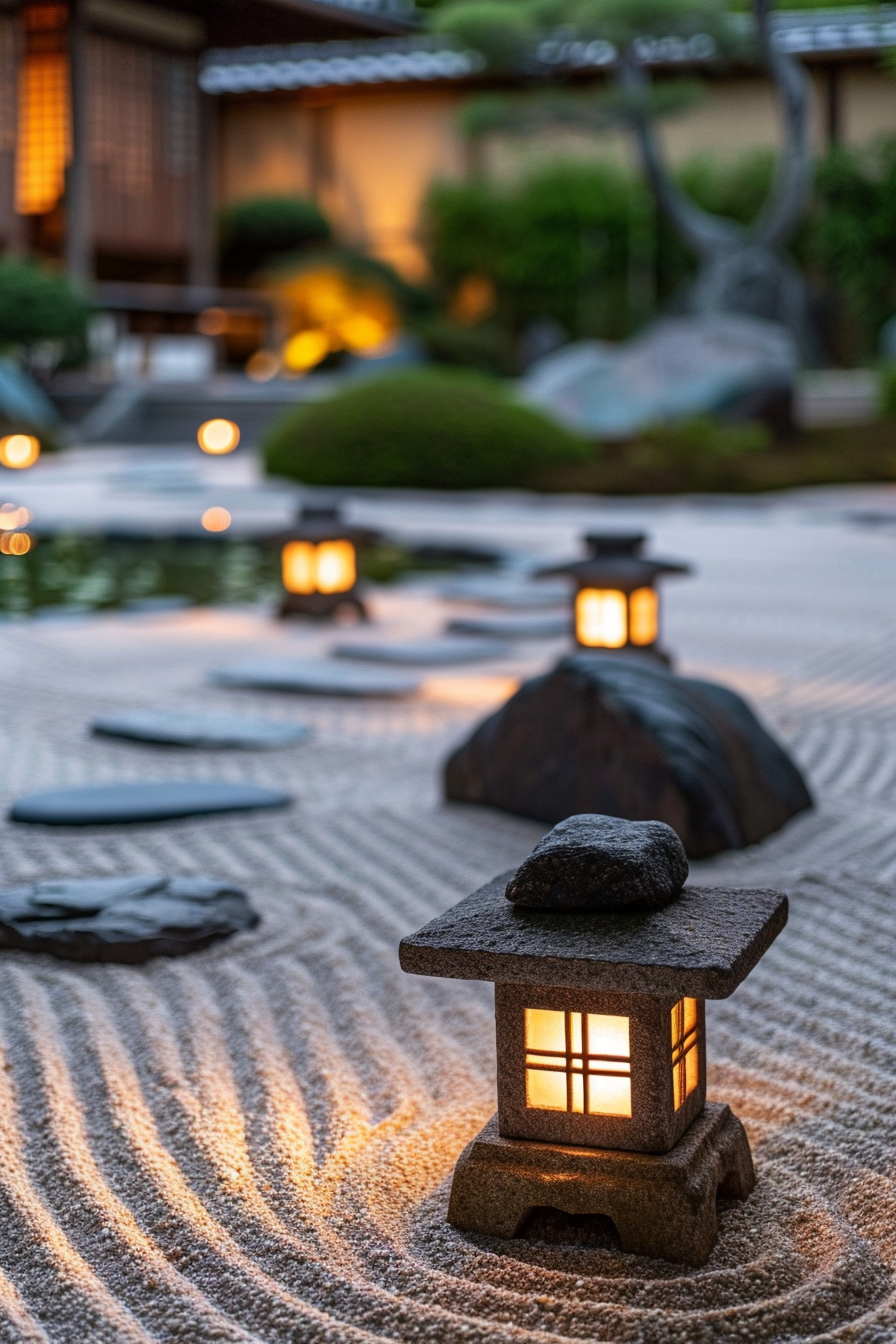 Softly glowing stone lanterns in a Zen garden at dusk