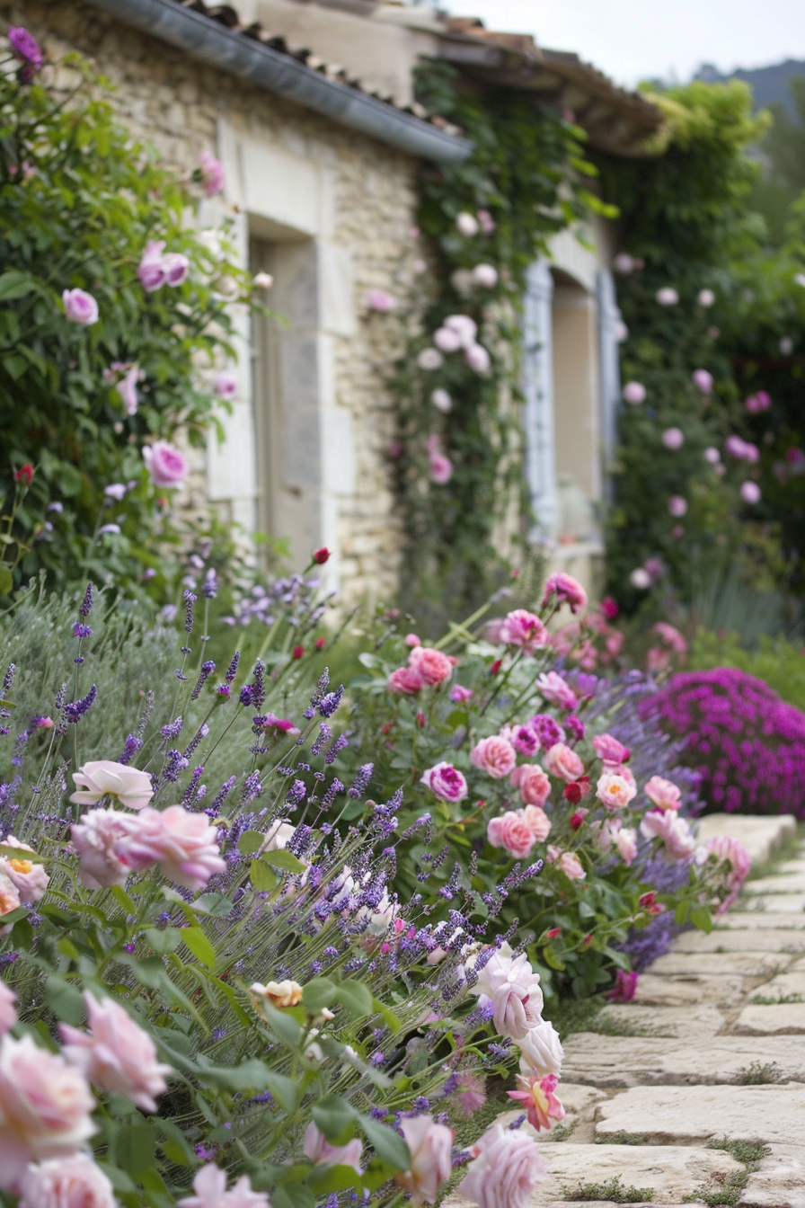 Roses and lavender creating a welcoming front yard border