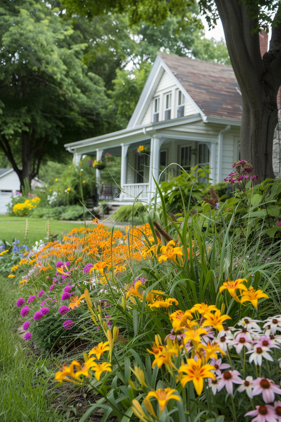 Close-up of Tall Verbena and Daylilies in a cottage garden