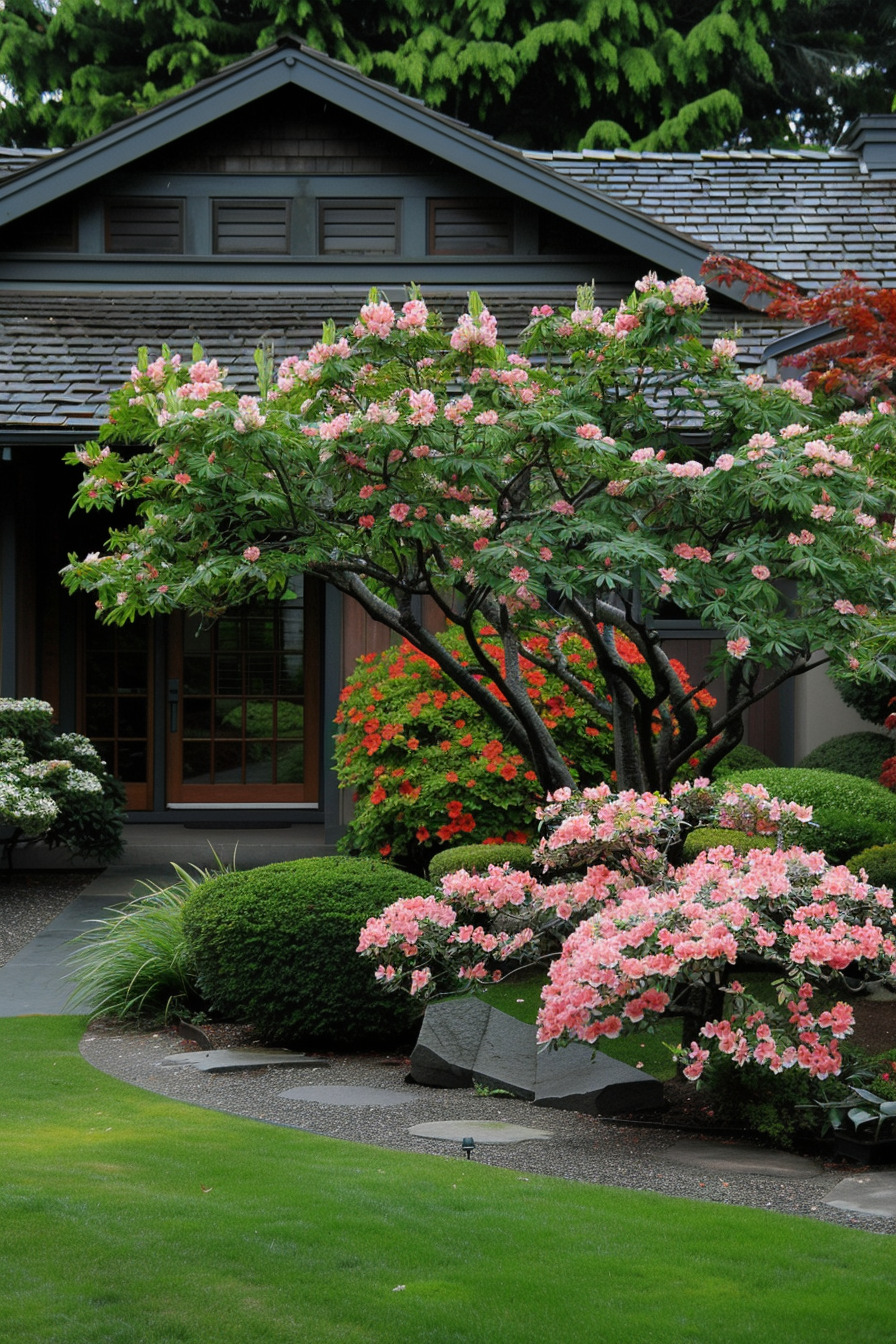 Close-up of Japanese Pittosporum and Pinks in a garden setting