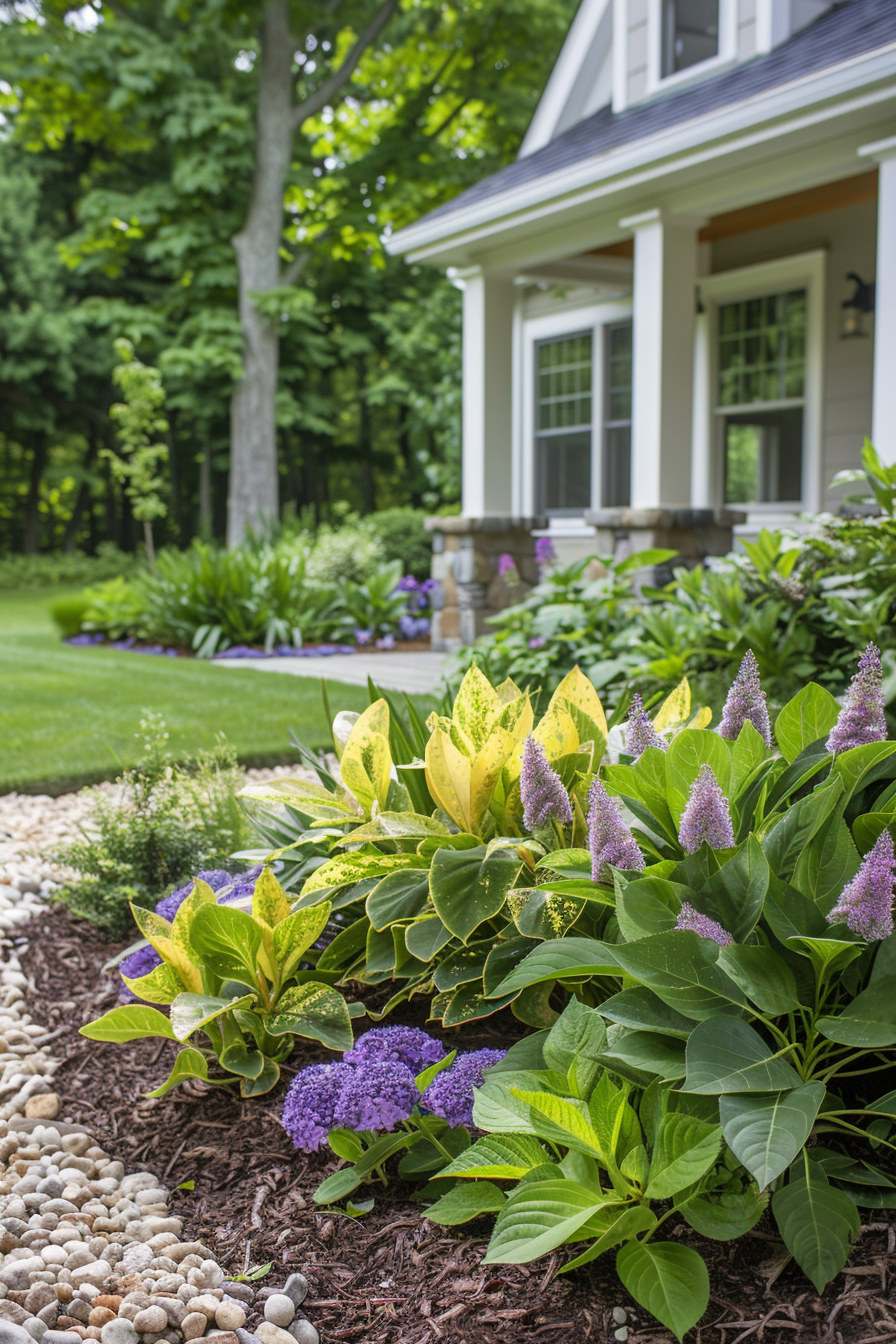 Japanese Laurel and Woodland Sage creating a soothing garden retreat