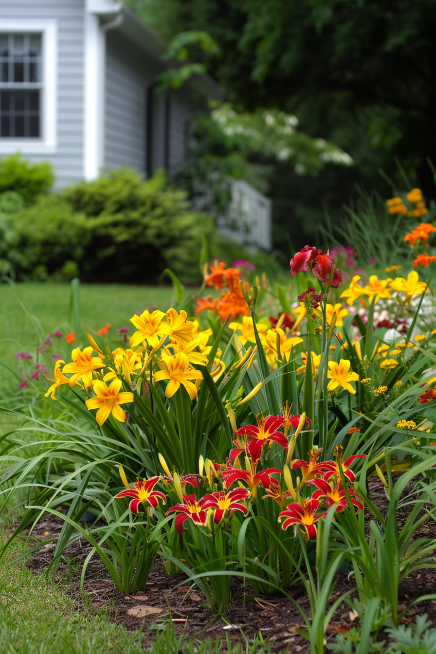 Close-up of Daylilies and Mondo Grass in a garden