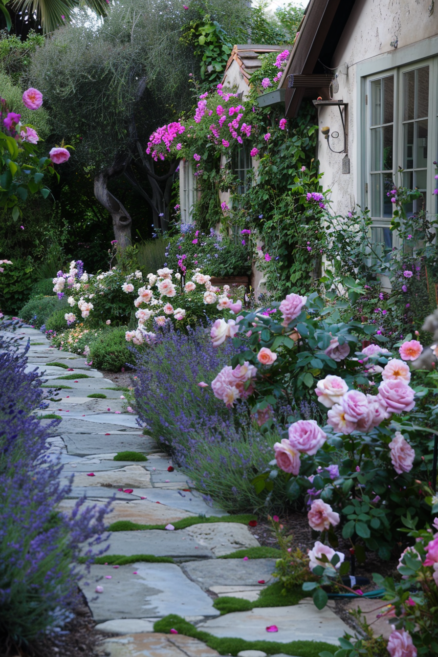 Detailed view of roses and lavender in a garden setting