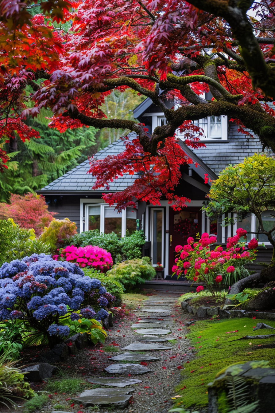 Japanese Maple and Woodland Sage creating a serene front yard