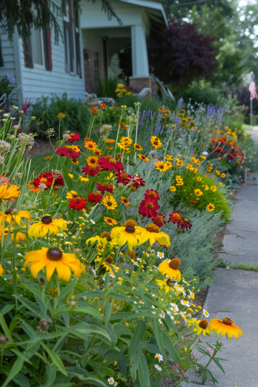 Blanket Flowers and Threadleaf Coreopsis in a vibrant front yard