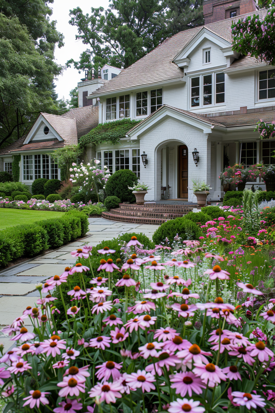 Boxwood and Purple Coneflower creating a formal garden border
