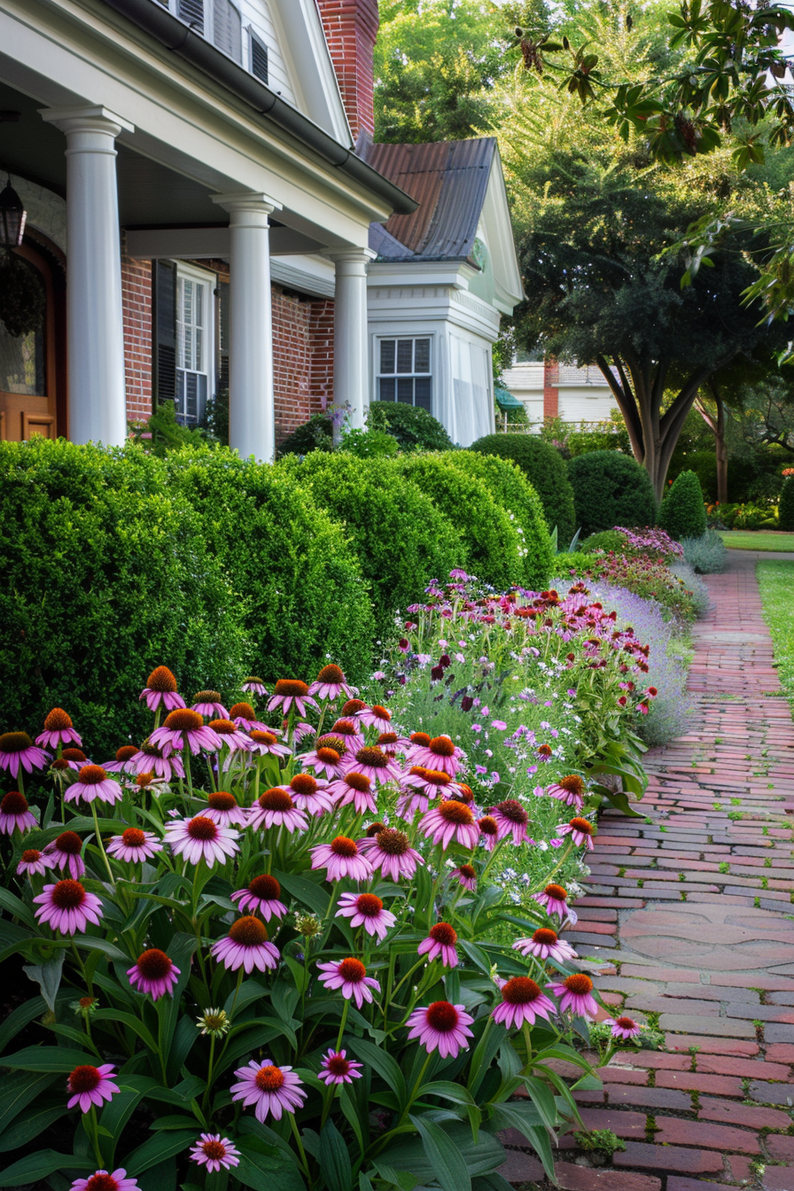 Close-up of Boxwood and Purple Coneflower in a structured garden