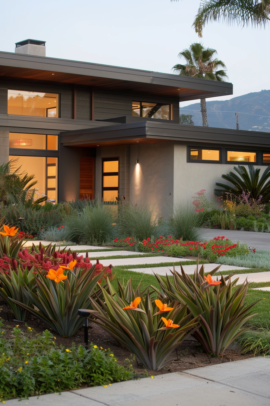 New Zealand Flax and Blanket Flowers creating a tropical-inspired landscape