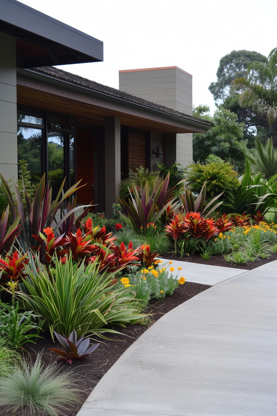 Detailed view of New Zealand Flax and Blanket Flowers in a garden