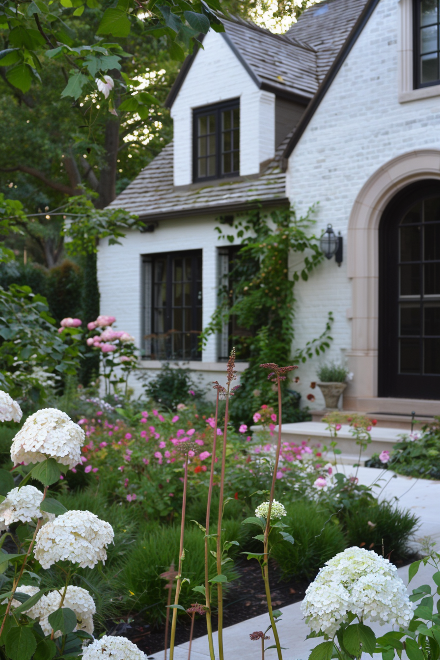 Close-up of Hydrangeas and Heavenly Bamboo in a garden setting
