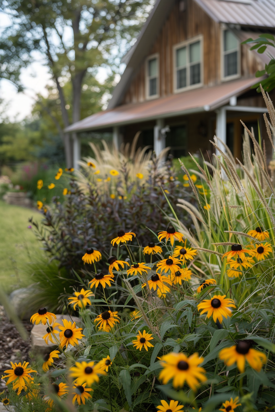 Black-Eyed Susans and Fountain Grass creating a rustic front yard