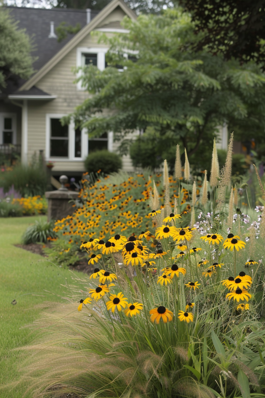 Close-up of Black-Eyed Susans and Fountain Grass in a rustic setting