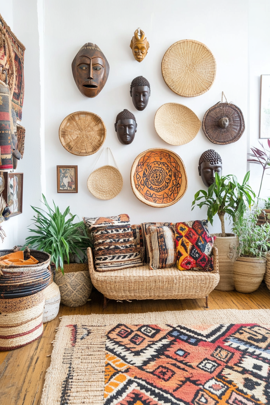 Afro Boho decor with bold patterns and natural materials