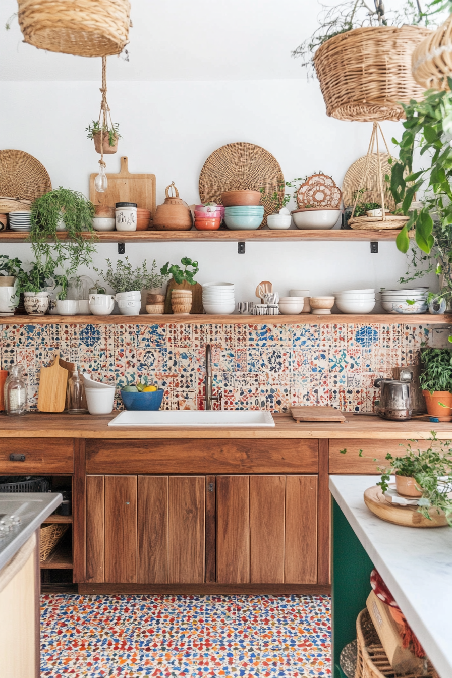 Open shelving and patterned tiles in Boho kitchen decor