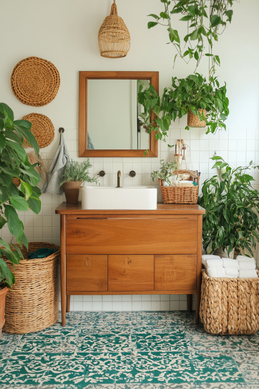 Boho bathroom with natural materials and greenery