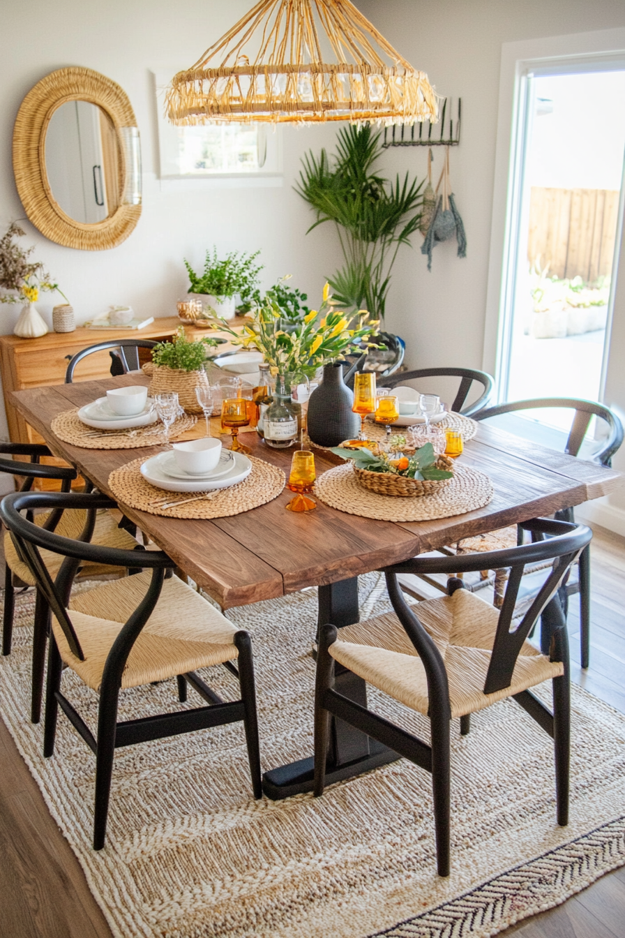 Boho dining room with eclectic decor and vibrant colors