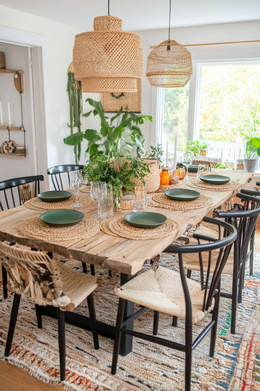 Mismatched chairs and colorful table settings in Boho dining room decor