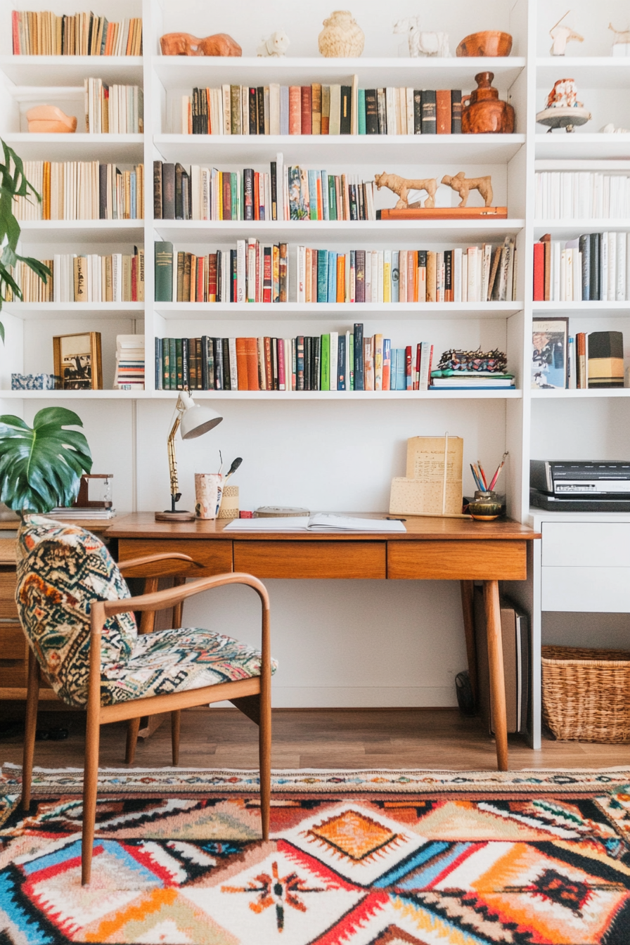 Boho home office with eclectic decor and natural materials