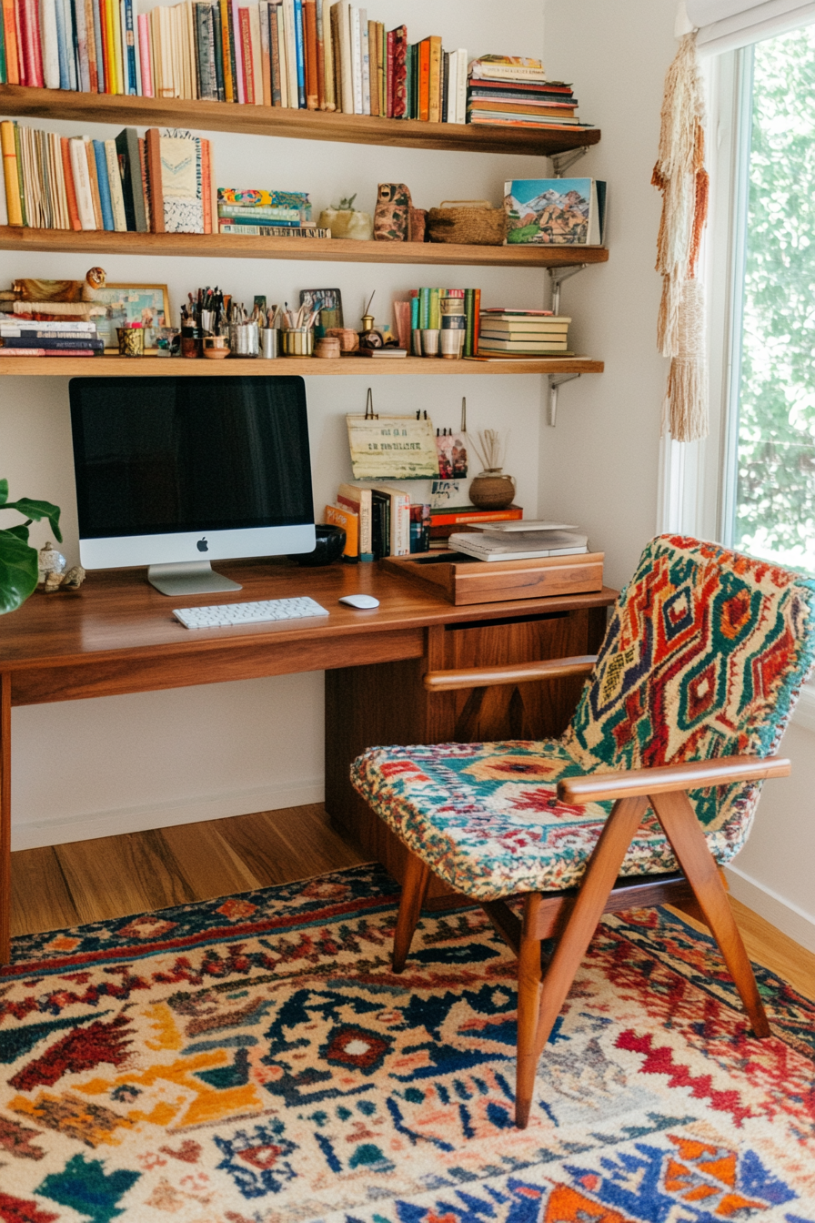 Patterned rugs and vintage finds in Boho home office decor