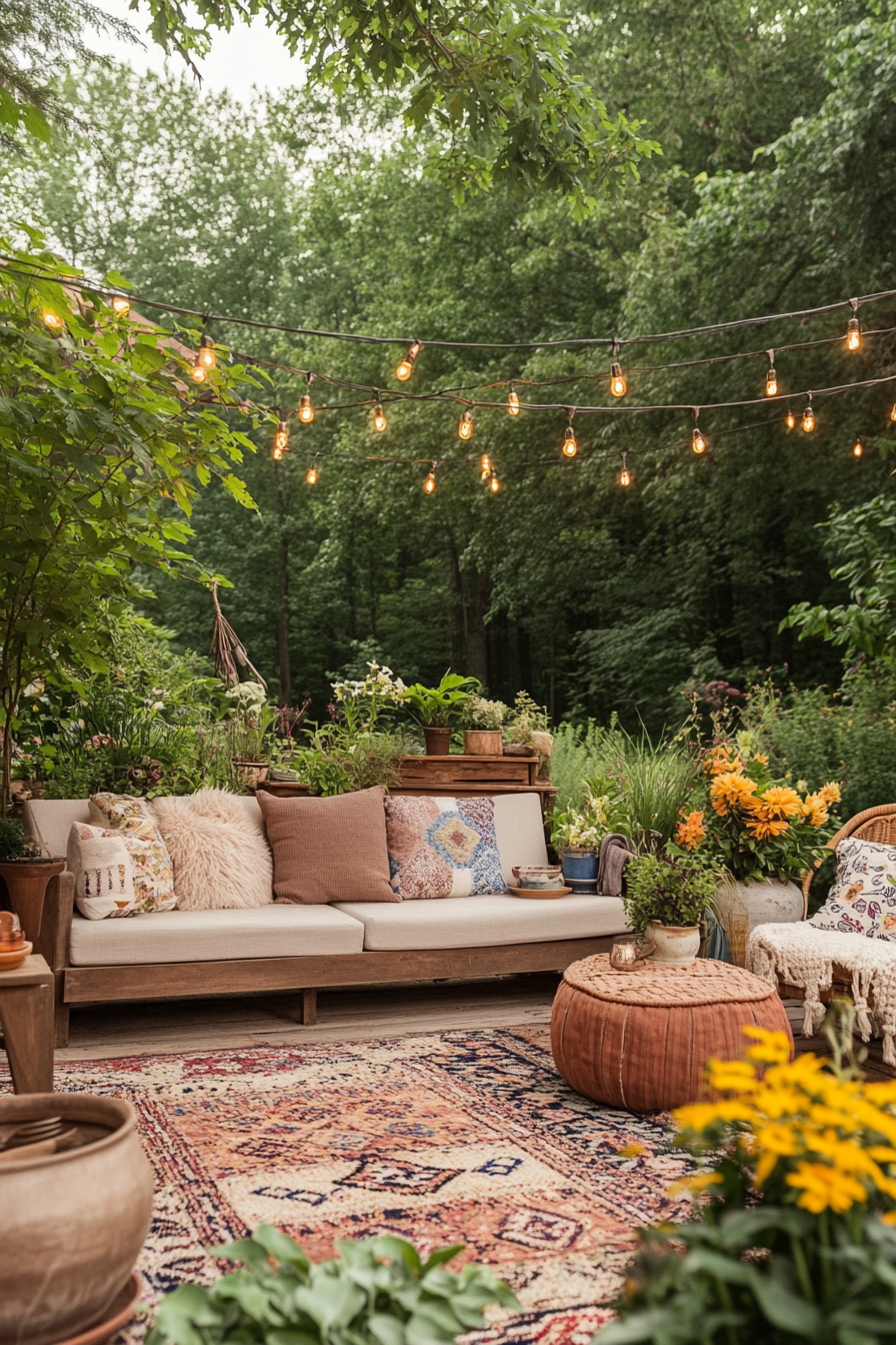 Boho outdoor living space with eclectic furniture and greenery