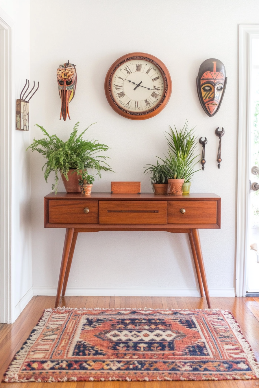 Boho entryway with eclectic decor and natural materials