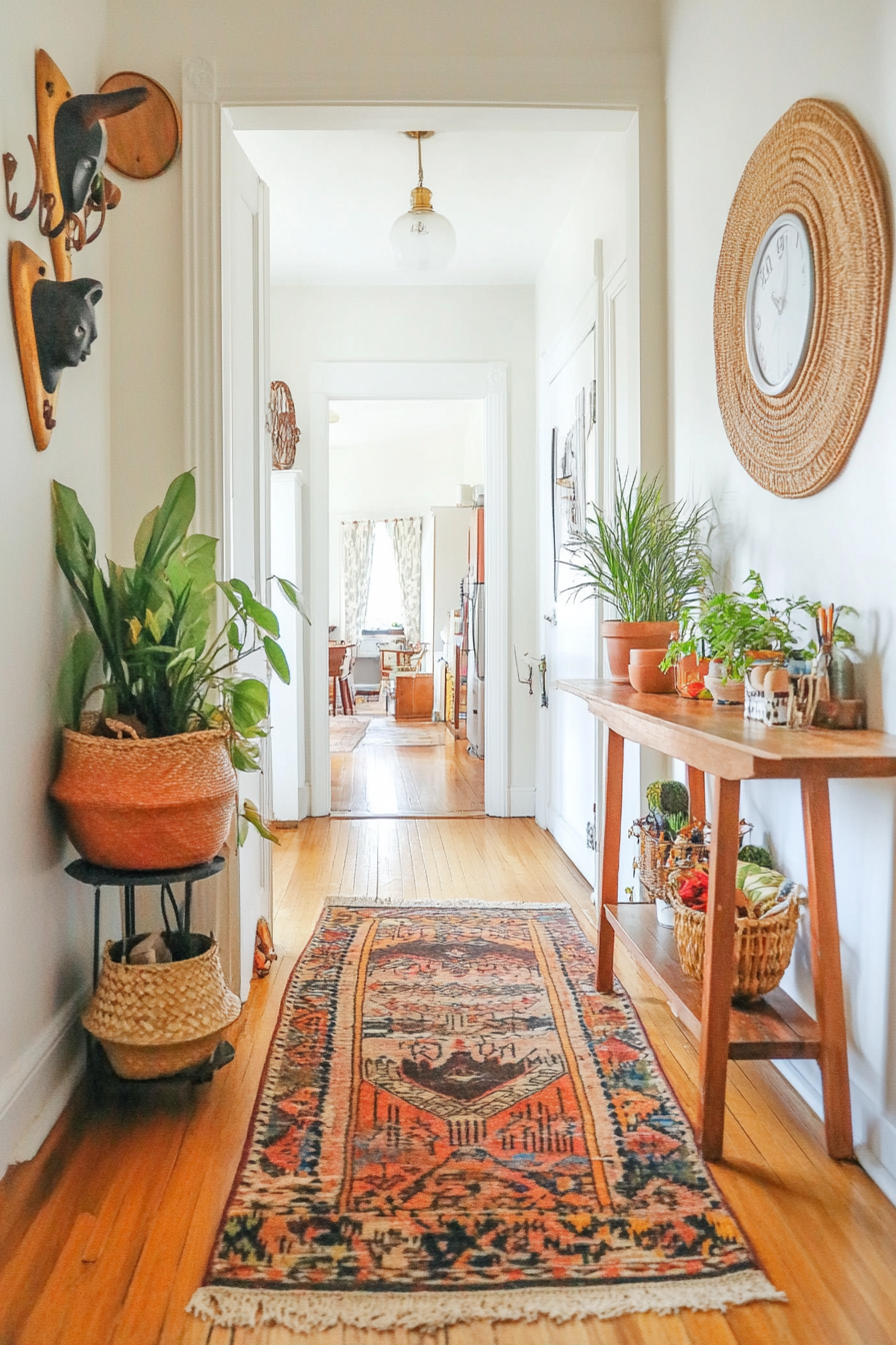Colorful rug and unique finds in Boho entryway decor