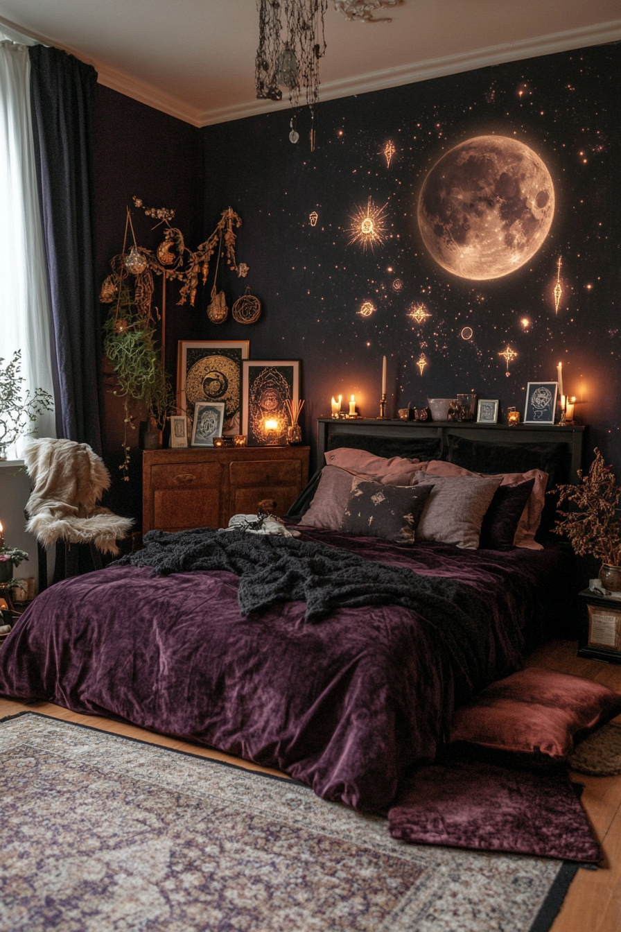 Rich, velvety fabrics and mystical items in Witchy Boho decor