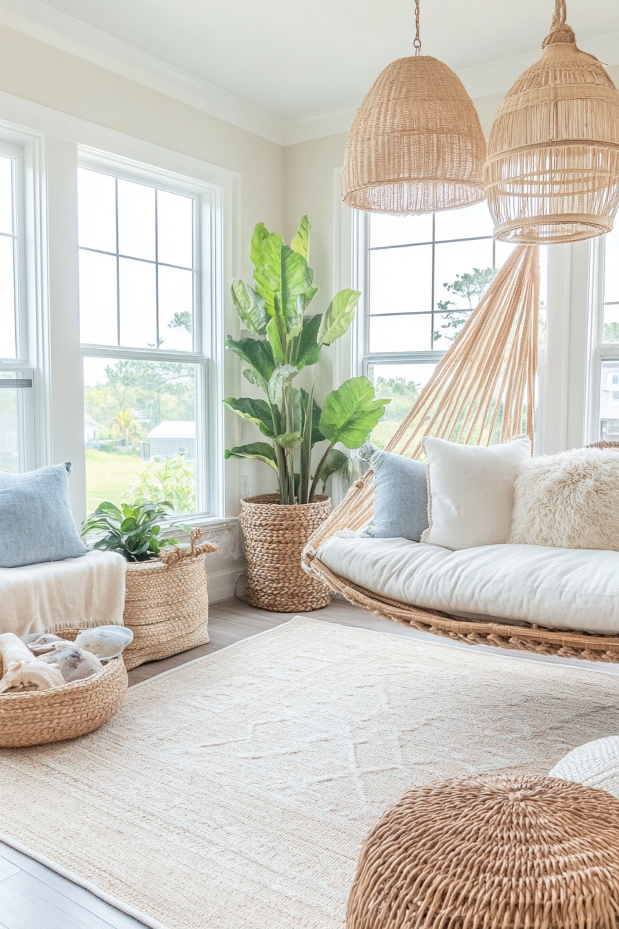 Coastal Boho decor with soft blues and natural materials