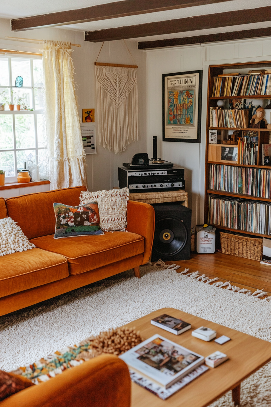 70s Boho decor with retro patterns and vintage furniture