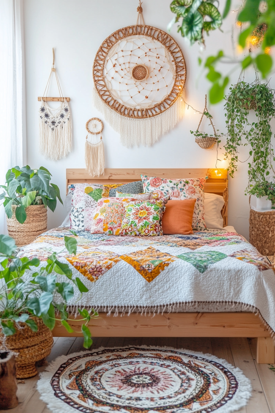 Fairy lights and dreamcatchers in Boho bedroom decor