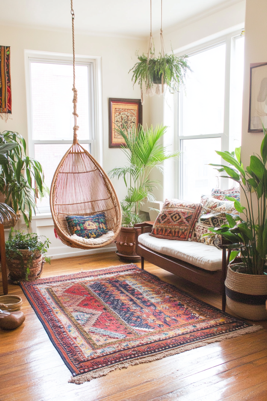 Boho living room with eclectic decor and vibrant colors