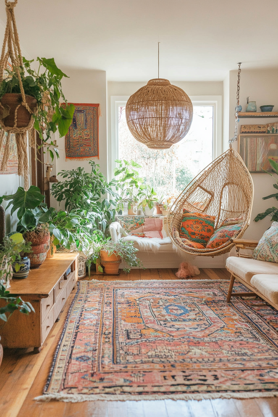 Houseplants and vintage furniture in Boho living room decor