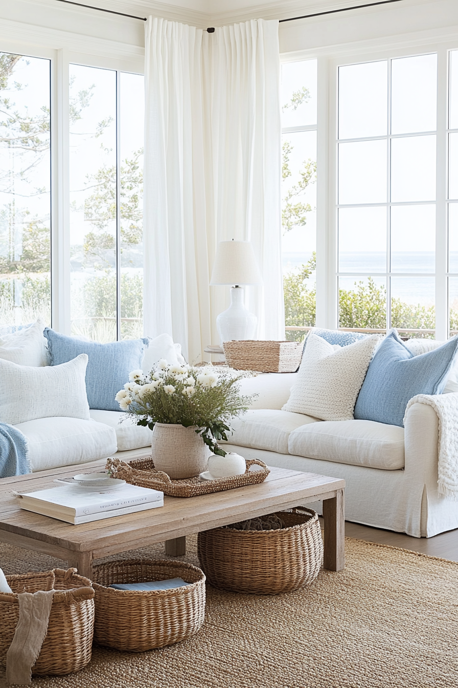 Cozy coastal living room with plush seating and natural textures.