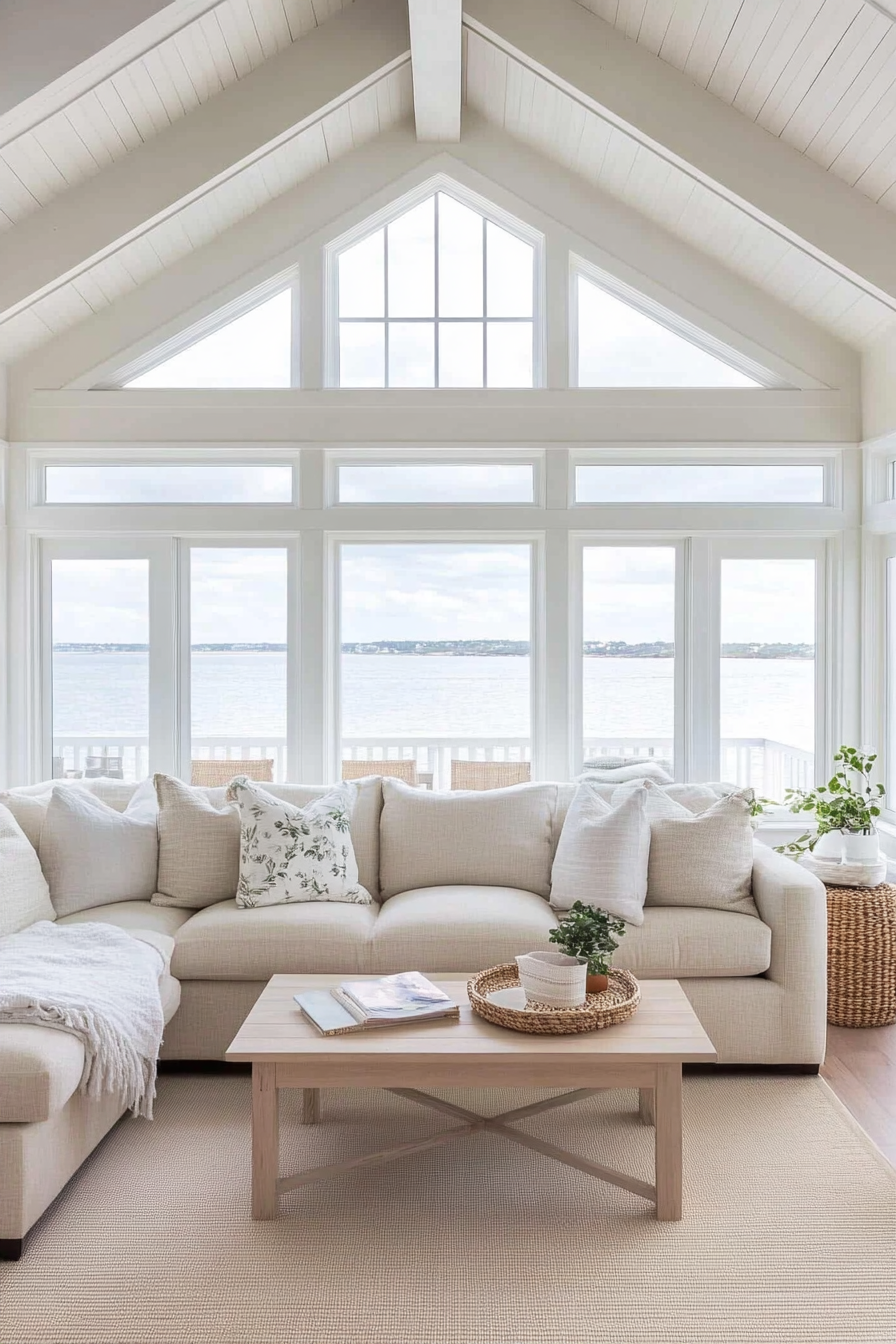 Coastal living room with a comfortable, neutral-colored sofa.