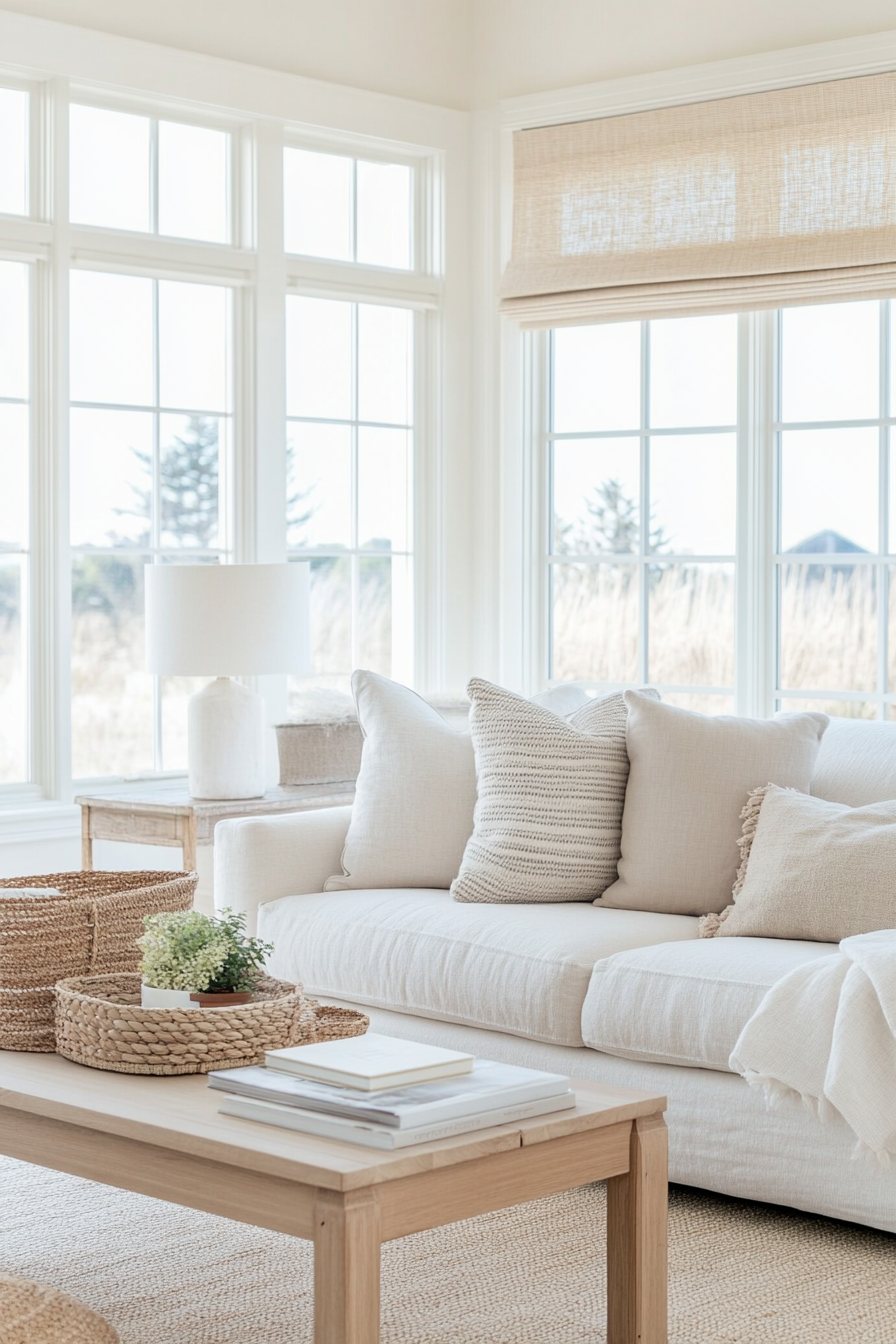 Coastal living room with a comfortable, neutral-colored sofa.