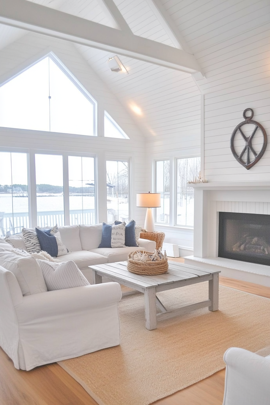 Coastal living room with nautical decor like anchors and rope-wrapped lamps.
