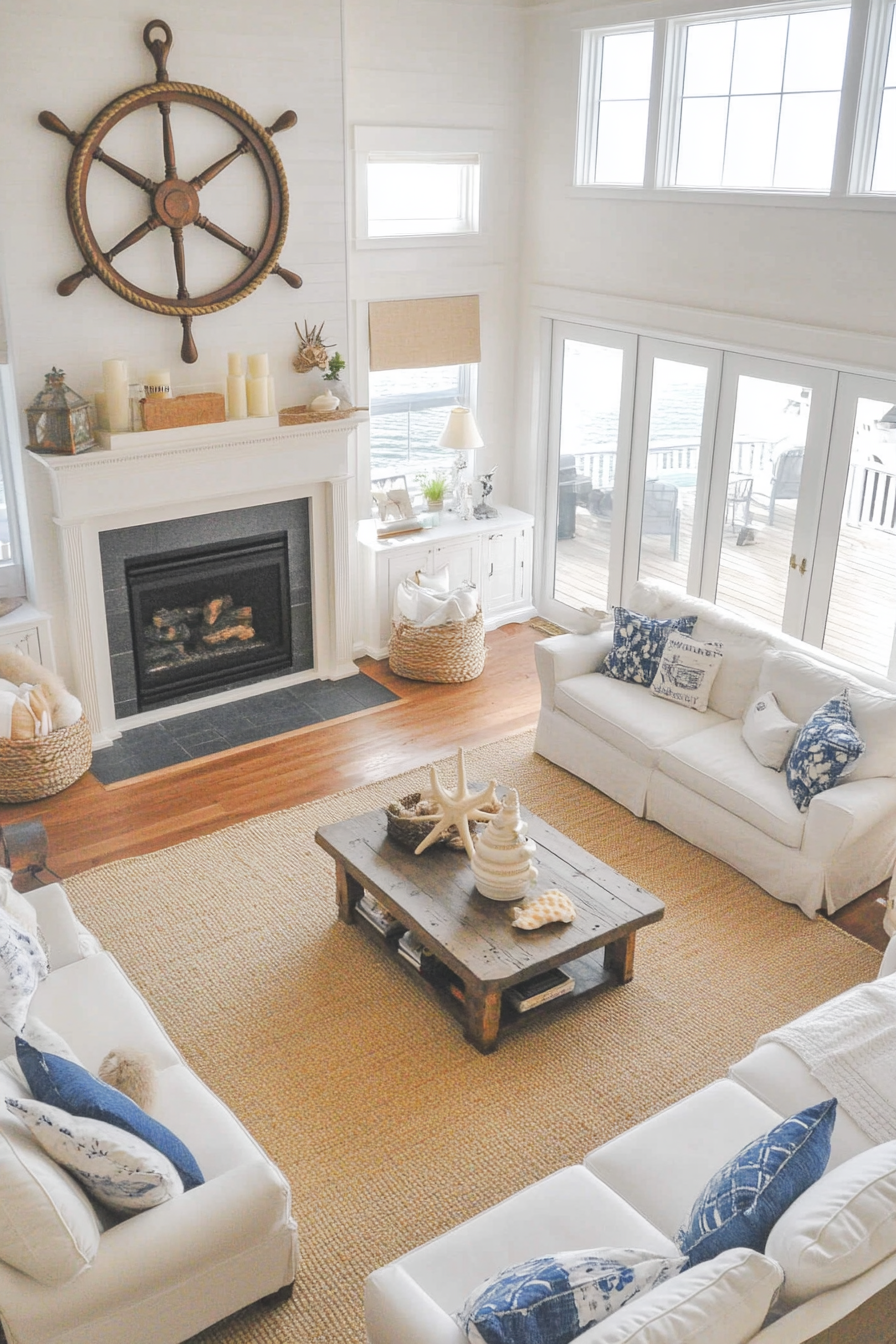 Coastal living room with nautical decor like anchors and rope-wrapped lamps.