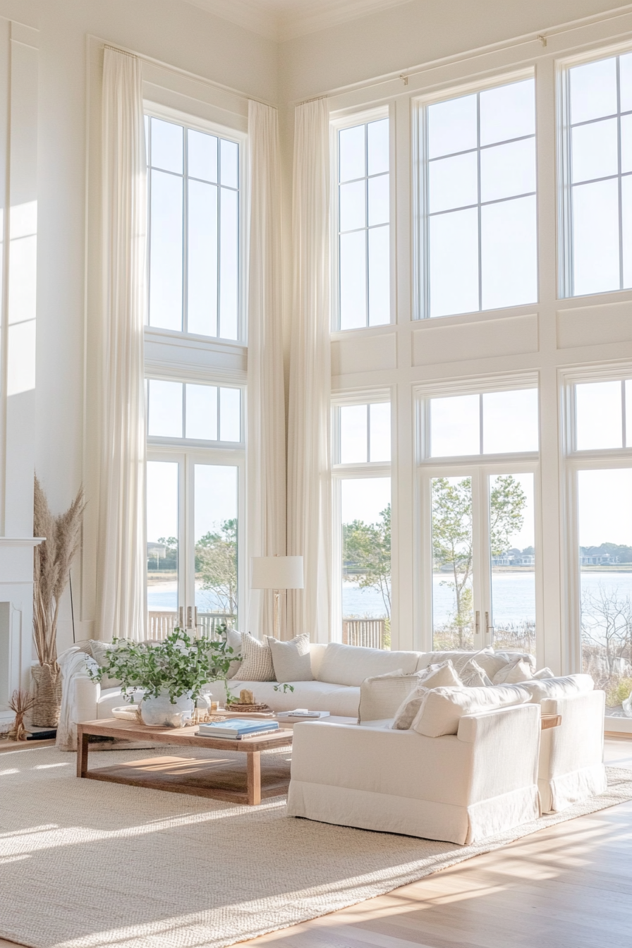 Coastal living room filled with natural light from large windows.