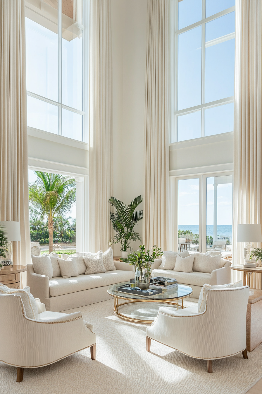 Coastal living room filled with natural light from large windows.