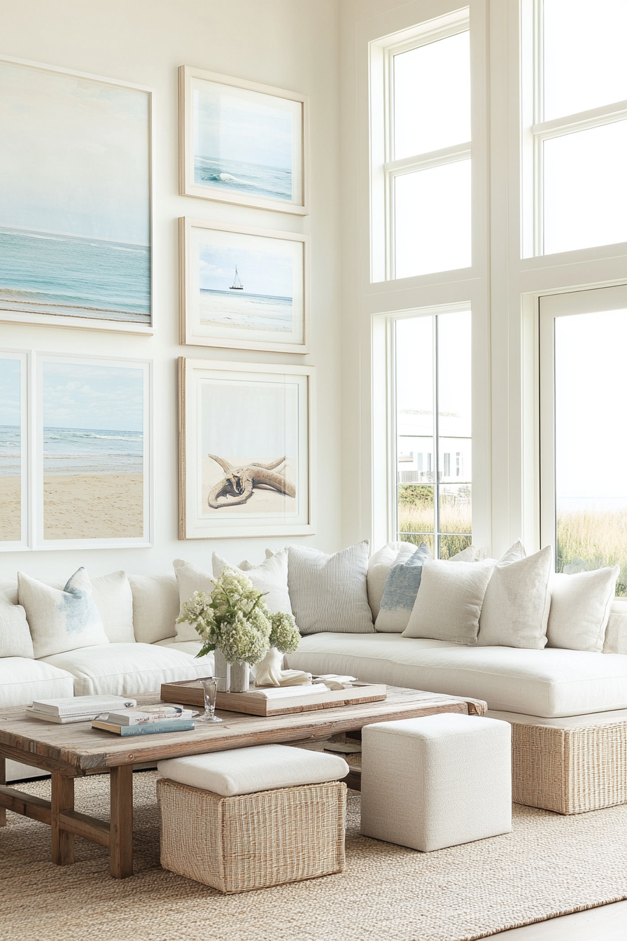 Coastal living room with seascapes and beach scenes artwork.